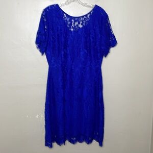 MSLG Sheath Blue Dress Lace Overlay Short Sleeves Croquette Scalloped Hem NWT Lg